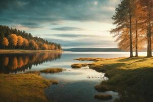 a river in the forest with trees and fog photo