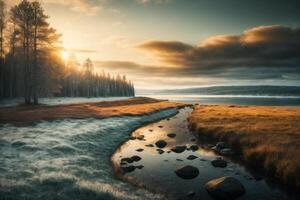 a river in the forest with trees and fog photo