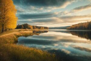 a river in the forest with trees and fog photo