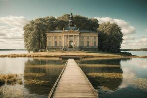 a bridge leads to a large island with a castle photo