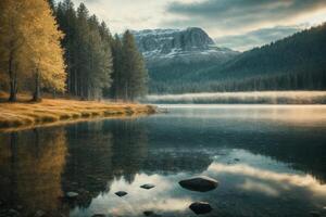 a lake surrounded by trees and grass photo