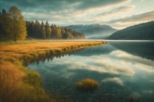 a lake surrounded by trees and grass photo