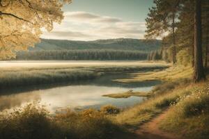 a lake surrounded by trees and grass photo