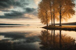 un lago rodeado por arboles y césped foto