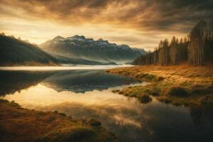 un lago rodeado por arboles y césped foto