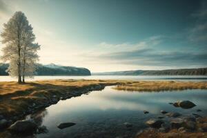 a lake surrounded by trees and grass photo