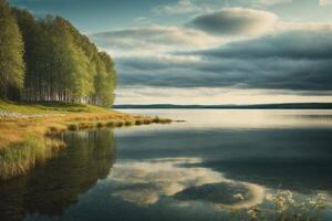 lake surrounded by trees and grass in autumn photo