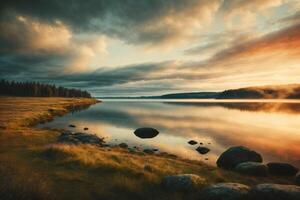 lake surrounded by trees and grass in autumn photo