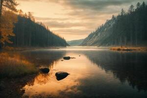 lake surrounded by trees and grass in autumn photo