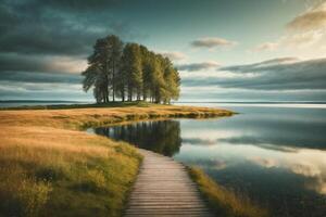 lake surrounded by trees and grass in autumn photo