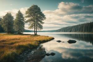 Autumn landscape with trees and lake photo