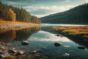 Autumn landscape with trees and lake photo