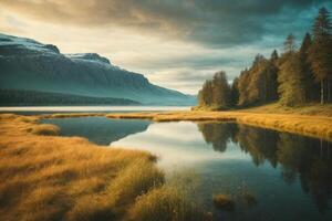 Autumn landscape with trees and lake photo