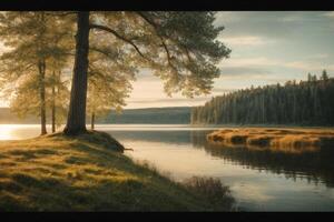 Autumn landscape with trees and lake photo