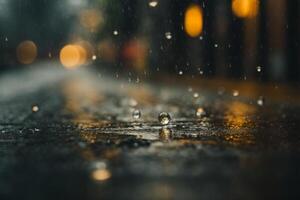 gotas de lluvia en un calle en el ciudad a noche foto