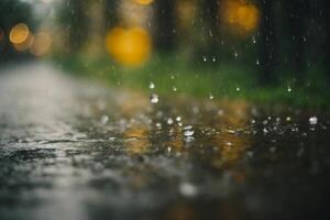 gotas de lluvia en un calle en el ciudad a noche foto