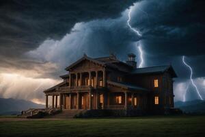 un Tormentoso noche con relámpago y un casa foto