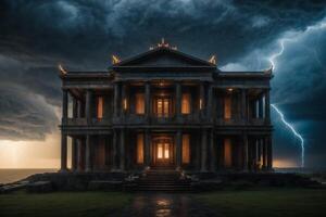 a stormy night with lightning and a house photo