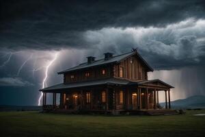 a stormy night with lightning and a house photo