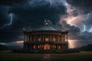 a stormy night with lightning and a house photo