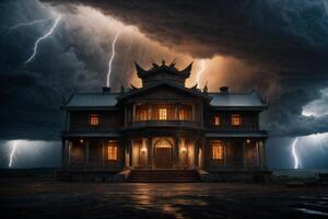 a stormy night with lightning and a house photo