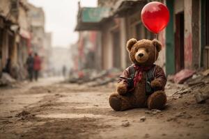 un osito de peluche oso con un rojo globo se sienta en un destruido ciudad foto