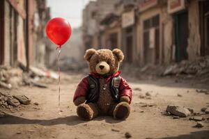un osito de peluche oso con un rojo globo se sienta en un destruido ciudad foto