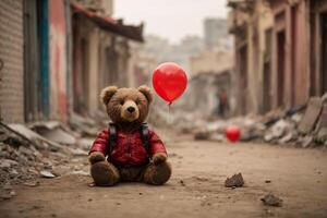 un osito de peluche oso con un rojo globo se sienta en un destruido ciudad foto