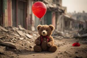 un osito de peluche oso con un rojo globo se sienta en un destruido ciudad foto