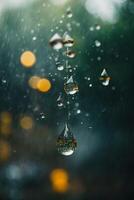 gotas de lluvia en un calle en el ciudad a noche foto