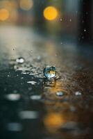 gotas de lluvia en el suelo en un charco foto