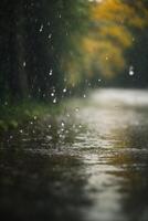 gotas de lluvia en el la carretera a noche foto