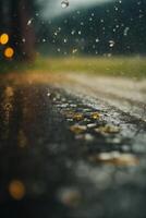 gotas de lluvia en el la carretera a noche foto