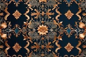 golden floral pattern on dark blue background photo