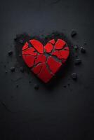 broken heart on black background with red hearts photo