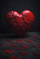 broken heart concept with red heart on black background photo