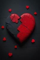 broken heart concept with red heart on black background photo