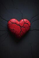 broken heart concept with red heart on black background photo