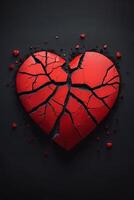 broken heart concept with red heart on black background photo