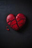 broken heart concept with red heart on black background photo