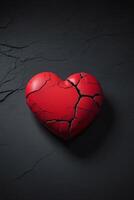 broken heart concept with red heart on black background photo