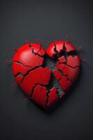broken heart concept with red heart on black background photo