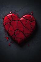 broken heart concept with red heart on black background photo