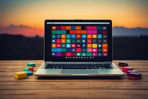 a laptop with colorful icons on the screen photo