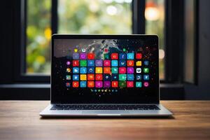 a laptop with colorful icons on the screen photo