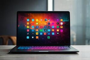 a laptop with colorful icons on the screen photo