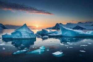 icebergs floating in the water at sunset photo