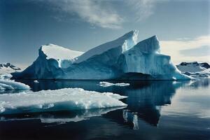 icebergs floating in the water at sunset photo