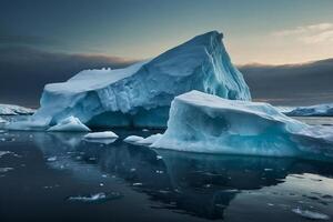 icebergs float in the water at sunset photo