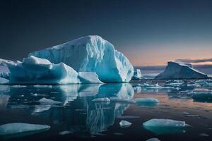 icebergs float in the water at sunset photo
